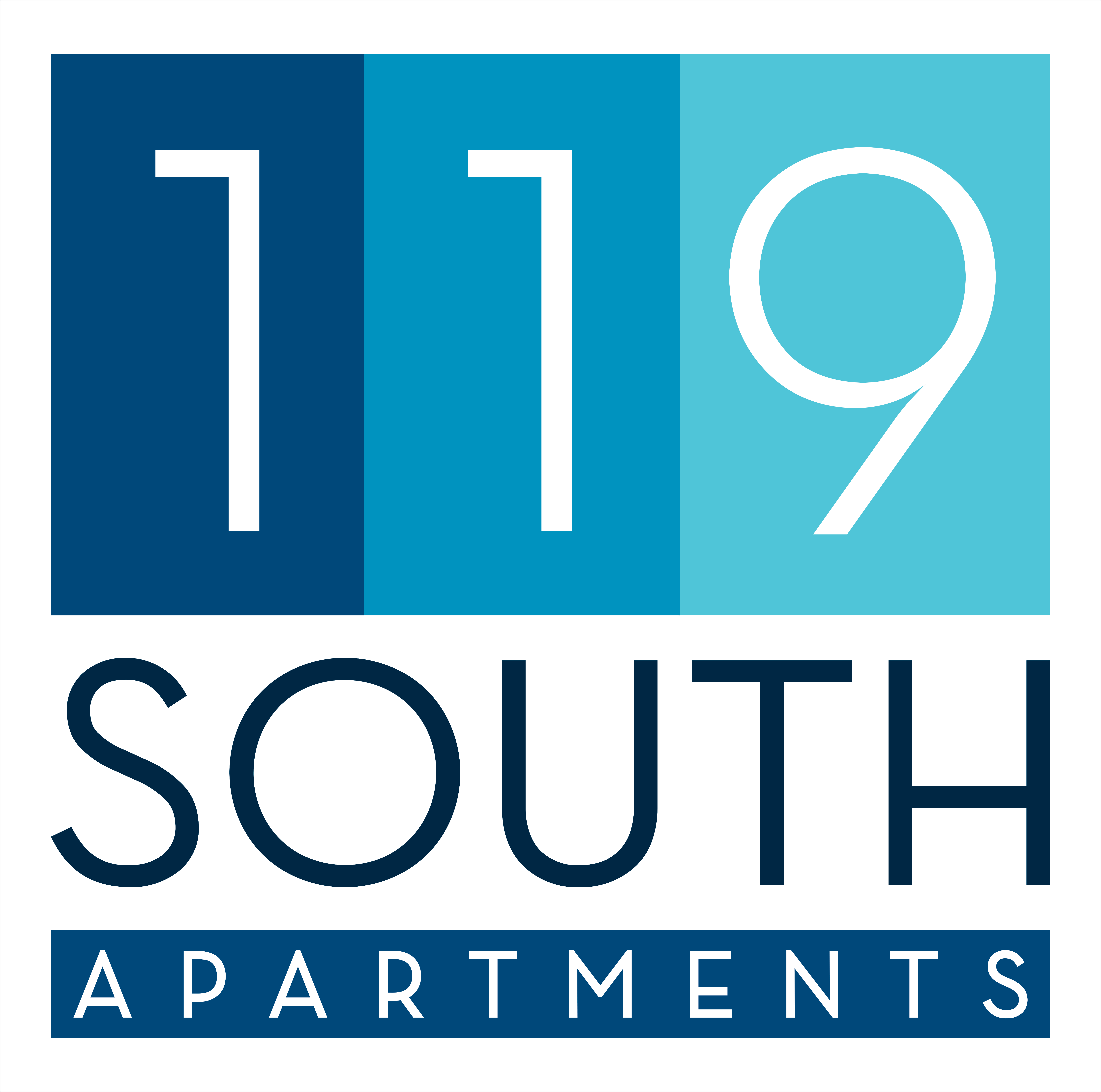an aqua and blue graphic with the numbers 1901 and 9 out of 9 apartments